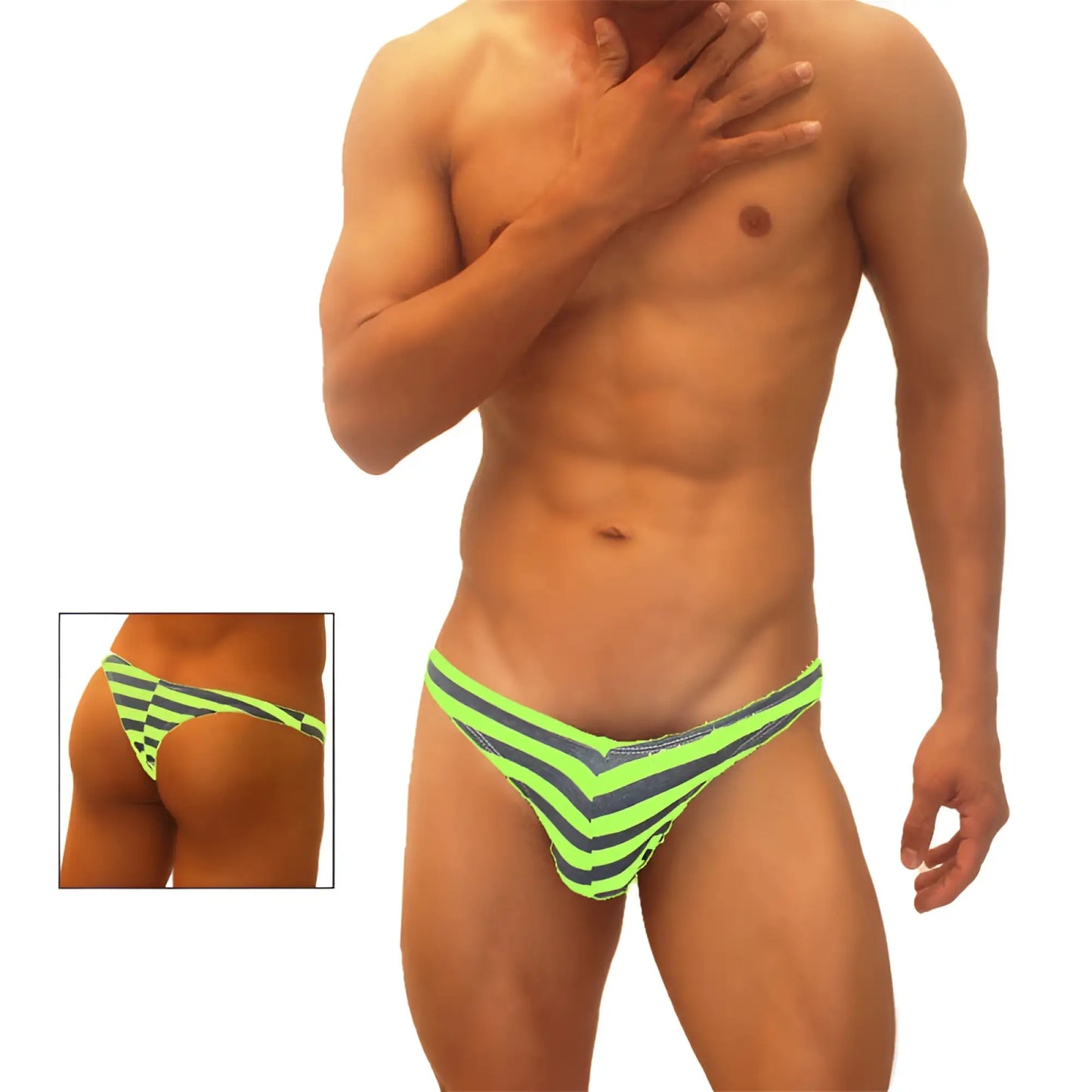 Icker Sea Sailor Stripe Enhancement C-Ring thong underwear in bright neon green and dark navy blue chevron stripes