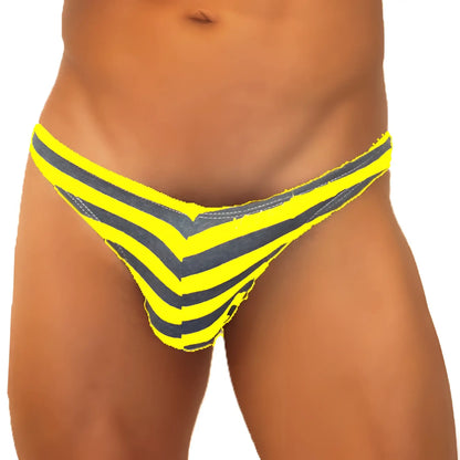 Vibrant yellow and dark gray chevron-striped denim-like thong underwear icker sea sailor stripe enhancement c-ring