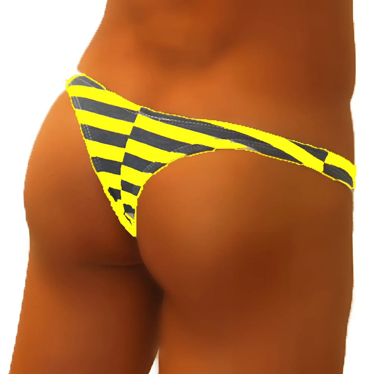 Icker Sea Sailor stripe enhancement C-ring thong underwear in bright yellow and black checkered pattern
