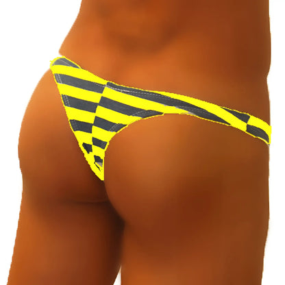 Icker Sea Sailor stripe enhancement C-ring thong underwear in bright yellow and black checkered pattern