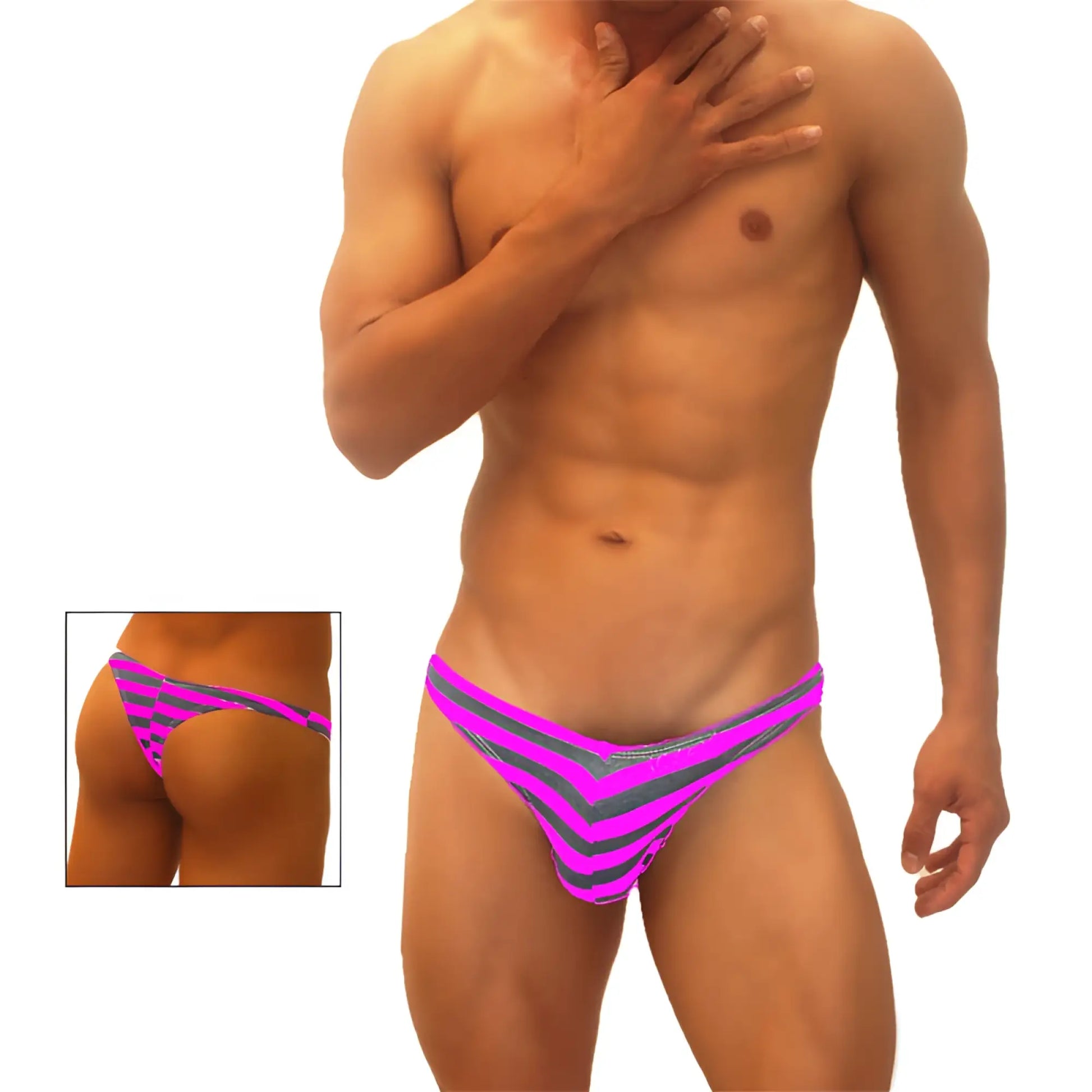 Icker Sea sailor stripe enhancement C-ring thong underwear in vibrant pink and gray chevron pattern for men