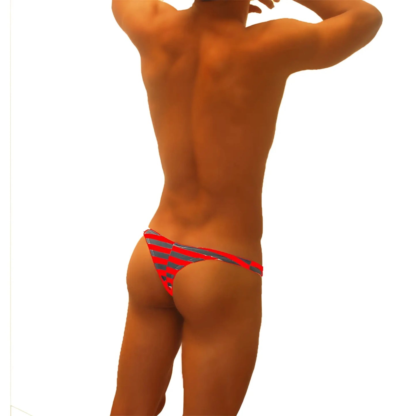 Icker Sea sailor stripe enhancement C-ring thong underwear in red with gray stripes showing front design