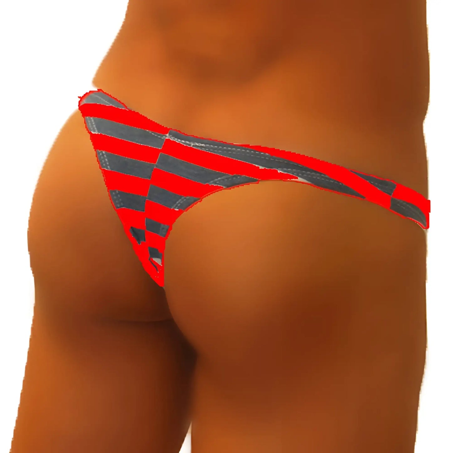 Icker Sea Sailor Stripe enhancement C-ring thong underwear in red and gray striped denim-like texture shown from the back