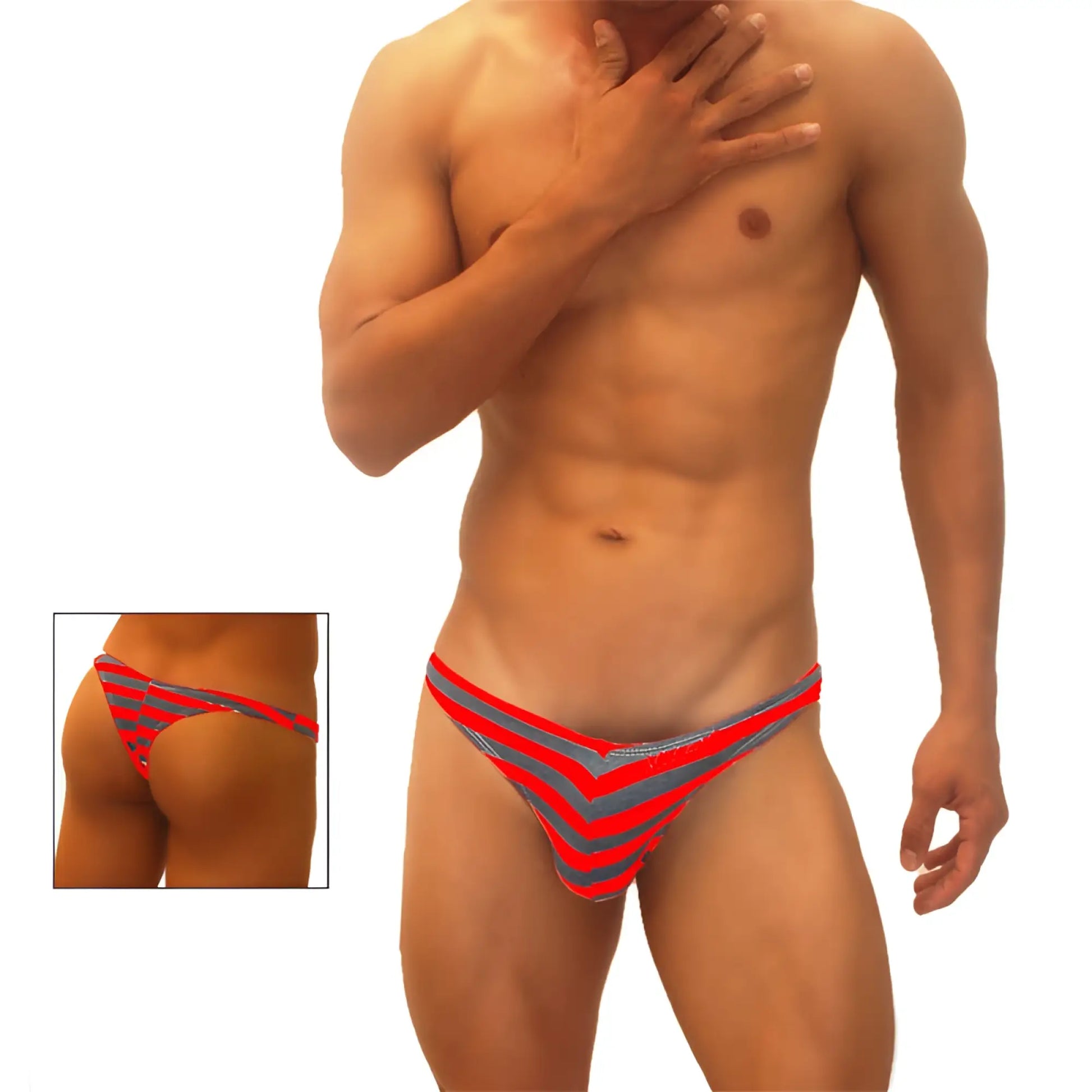 Icker Sea sailor stripe enhancement C-ring thong underwear in red with gray chevron striped pattern front view