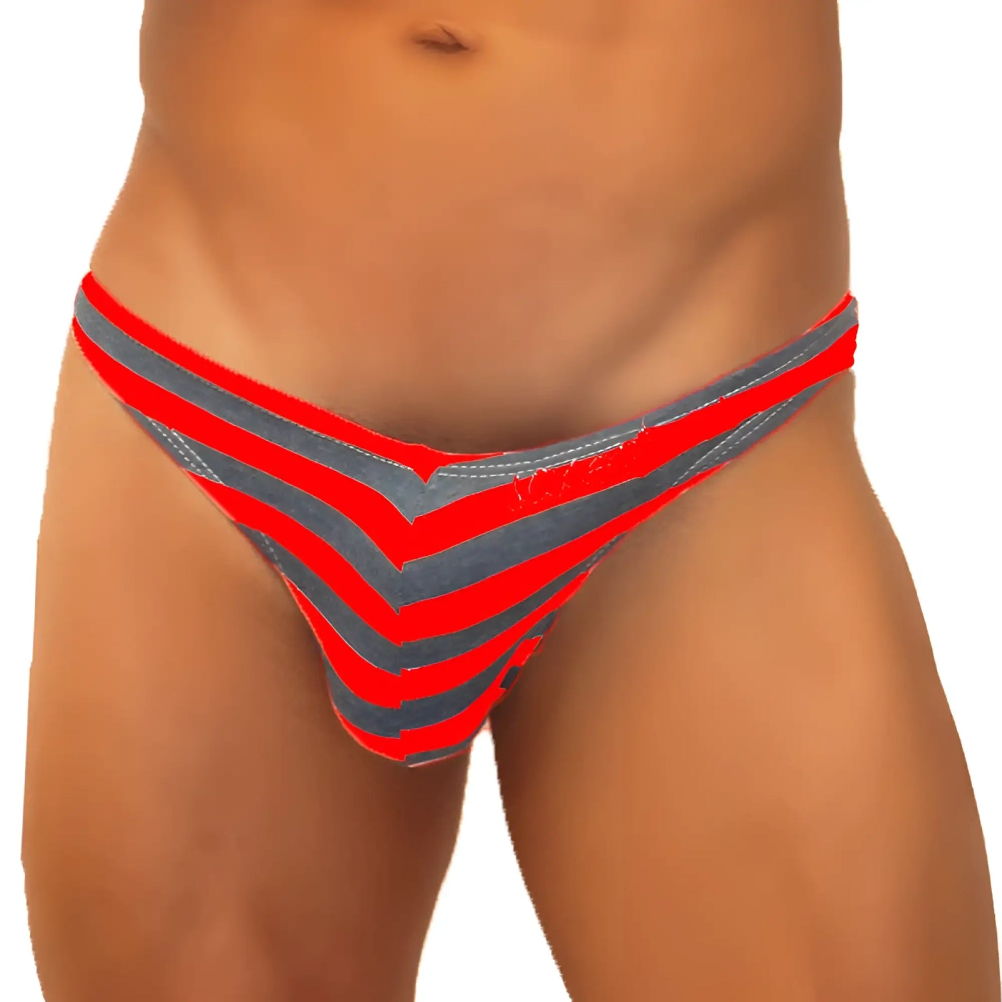Icker Sea sailor stripe enhancement c-ring thong underwear in red with gray chevron pattern made of stretchy fabric