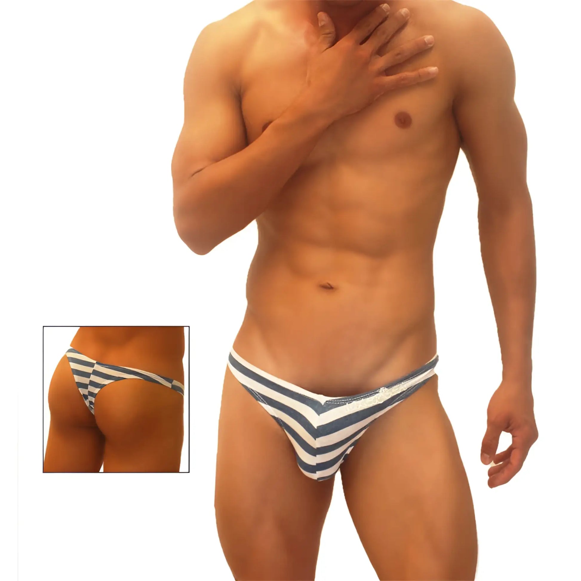 Icker Sea sailor stripe enhancement C-ring thong underwear in white with blue and white striped chevron pattern
