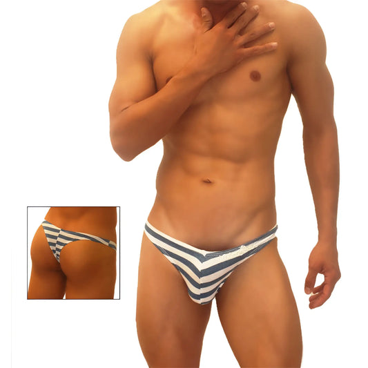 Icker Sea sailor stripe enhancement C-ring thong underwear in white with blue and white striped chevron pattern