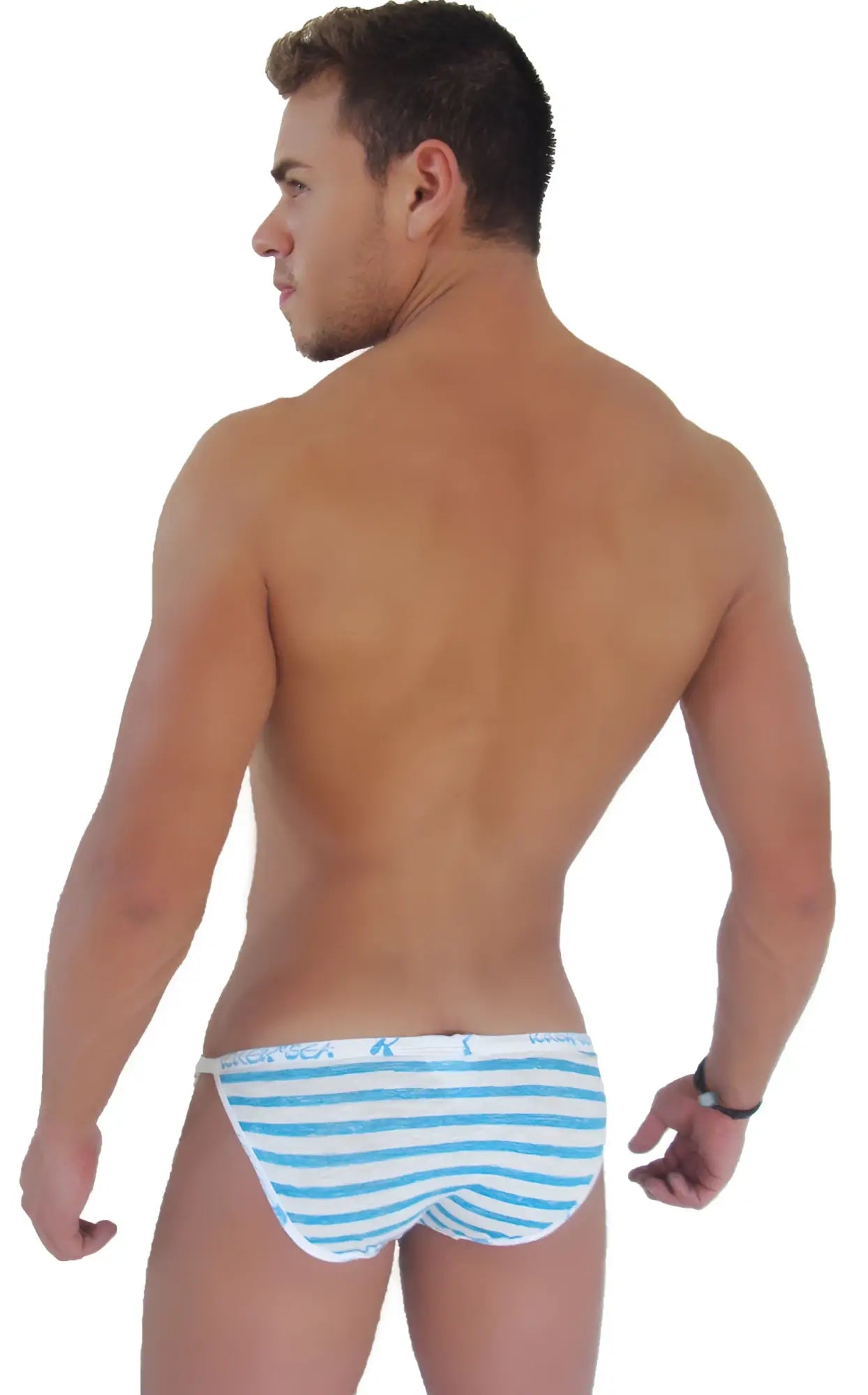 Blue and white striped swim trunks with sailor stripe logo trim from icker sea for beachwear and swim use