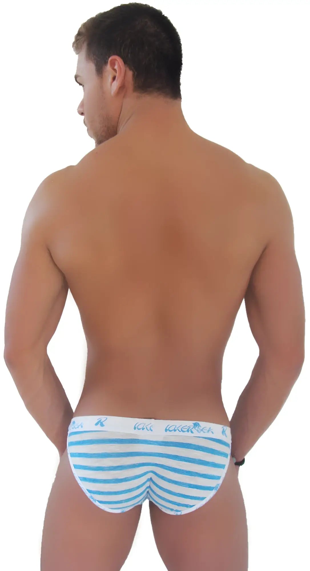 Blue and white striped men’s briefs with branded waistband from icker sea sailor stripe microslip bikini underwear