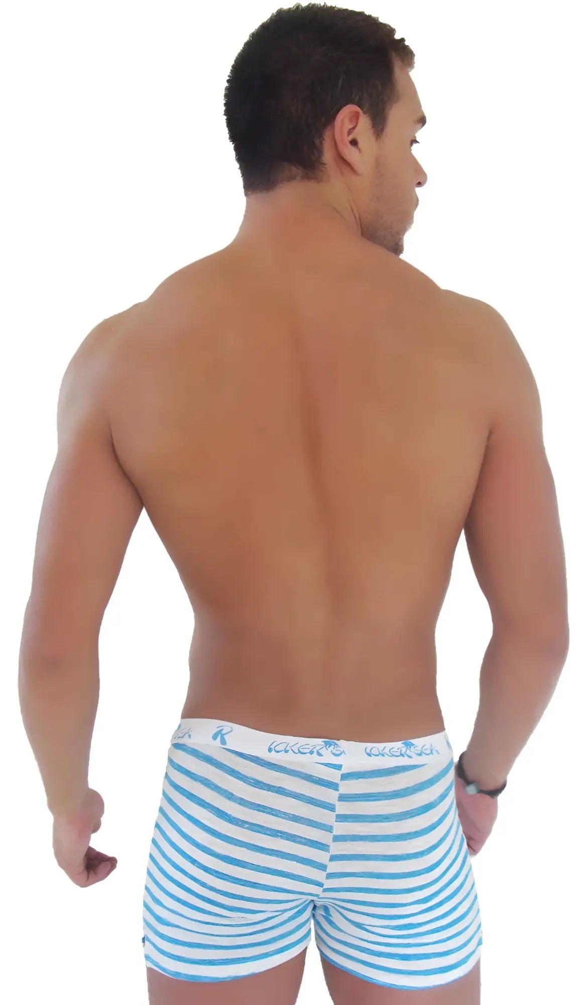 Icker Sea sailor stripe long boxer brief underwear in blue and white stripes with branded waistband and side slit