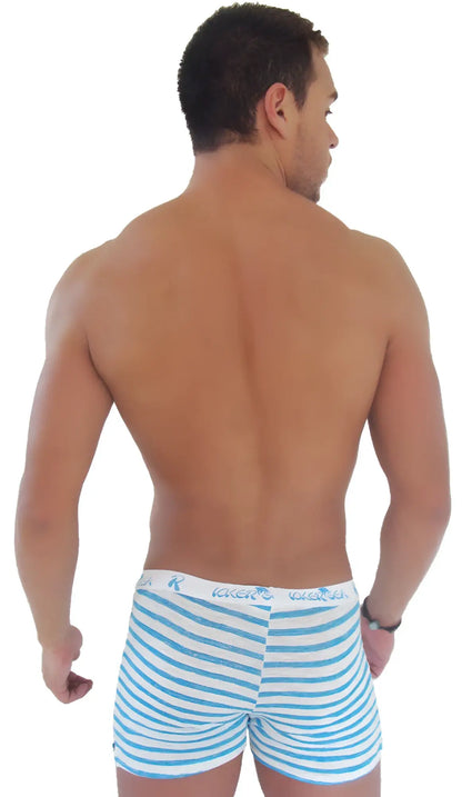 Icker Sea sailor stripe long boxer brief underwear in blue and white stripes with branded waistband and side slit