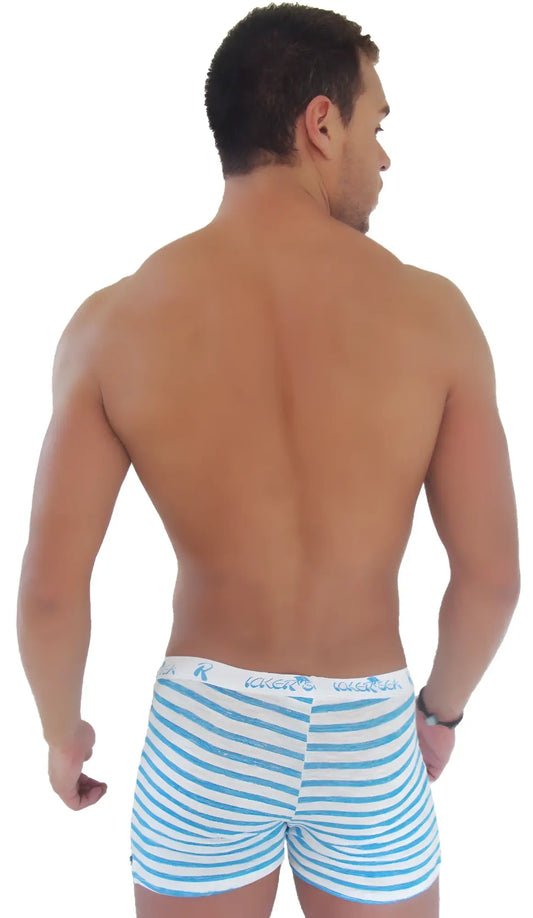 Icker Sea sailor stripe long boxer brief underwear in blue and white stripes with branded waistband and side slit