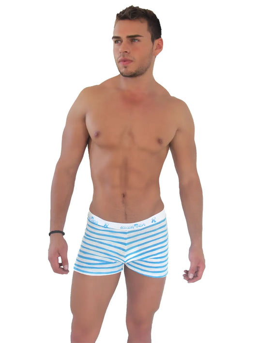 Icker sea sailor stripe blue and white striped men’s long boxer briefs with branded waistband and side slit design