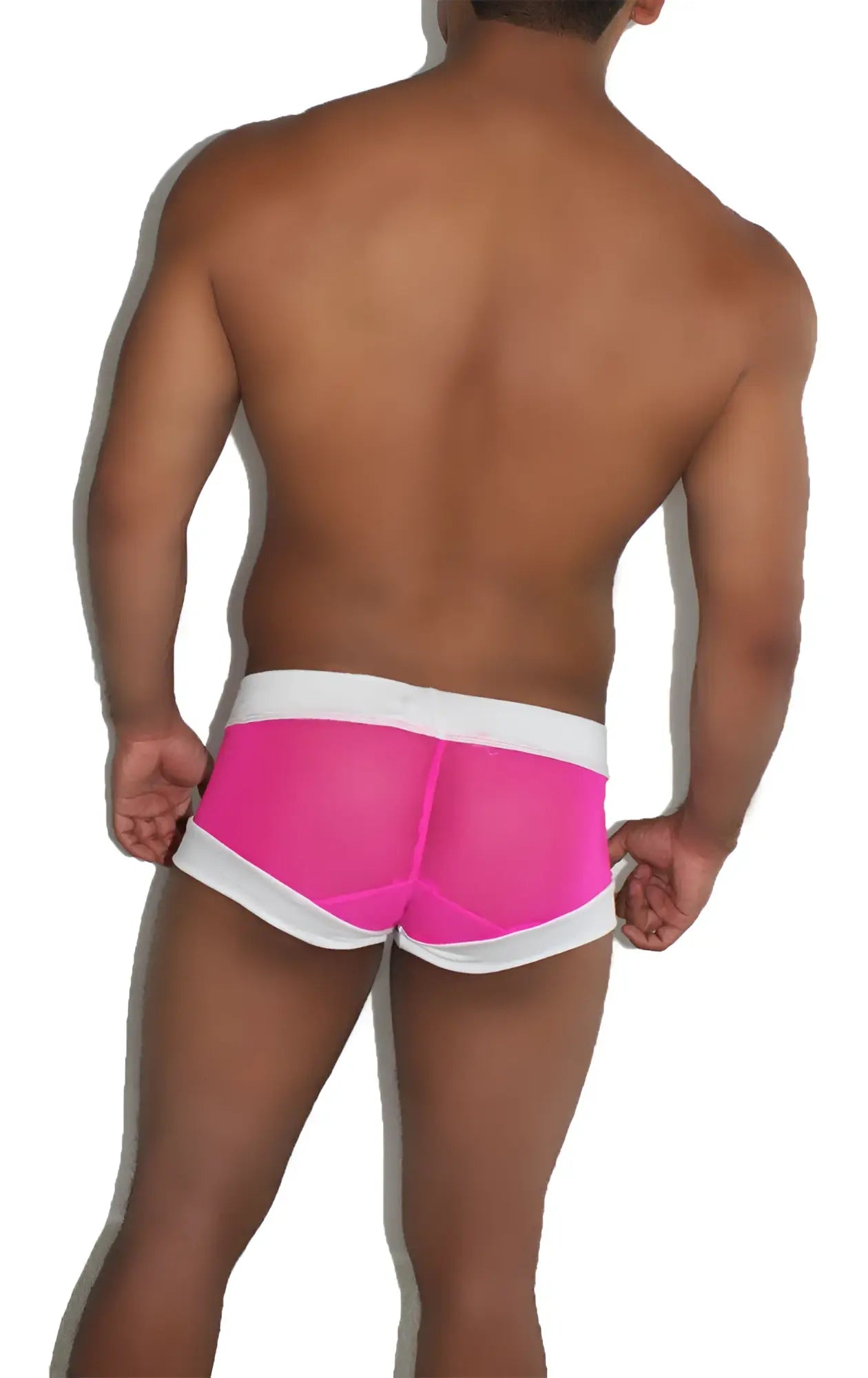 Icker Sea pink sheer lace up front boxer brief underwear with bright pink mesh and white elastic waistband