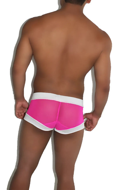 Icker Sea pink sheer lace up front boxer brief underwear with bright pink mesh and white elastic waistband