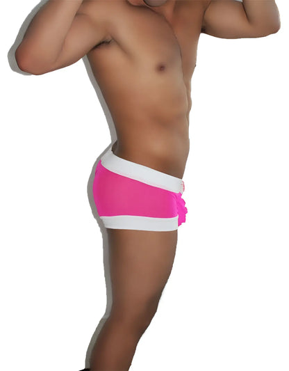Icker Sea bright pink boxer brief underwear with sheer lace up front and ruffled side detail with white trim