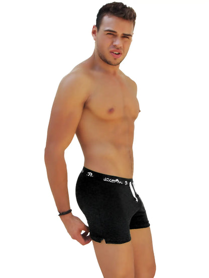 Black velvet boxer briefs with white embroidered branding and matching drawstring by icker sea side slit long boxer brief underwear