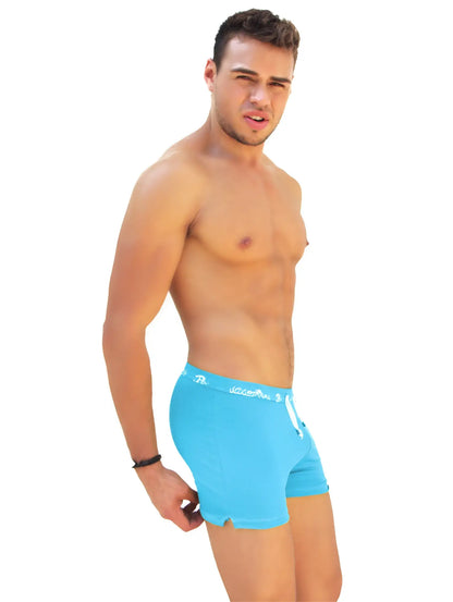 Bright blue icker sea side slit long boxer brief underwear with white logo and drawstring waistband for athletic use
