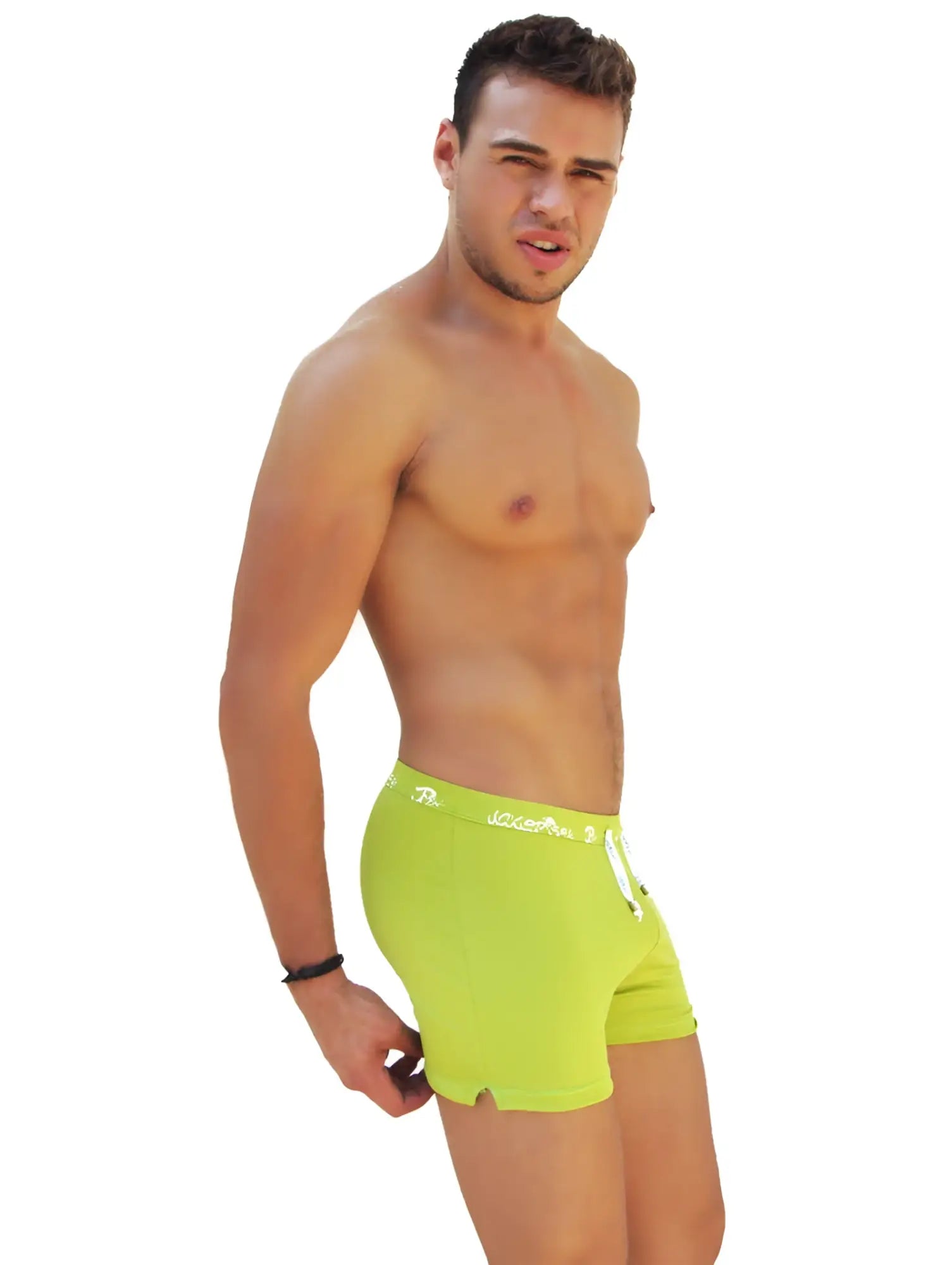 Icker sea side slit long boxer brief underwear green with bright lime green color white logo and drawstring waistband