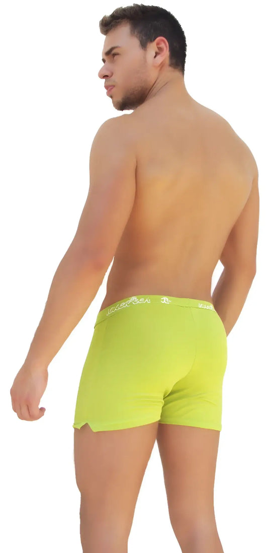 Green icker sea side slit long boxer brief underwear with bright lime fabric and white elastic waistband branding