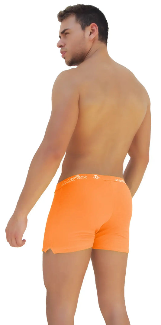 Bright orange icker sea side slit long boxer brief underwear with a subtle white logo on the waistband