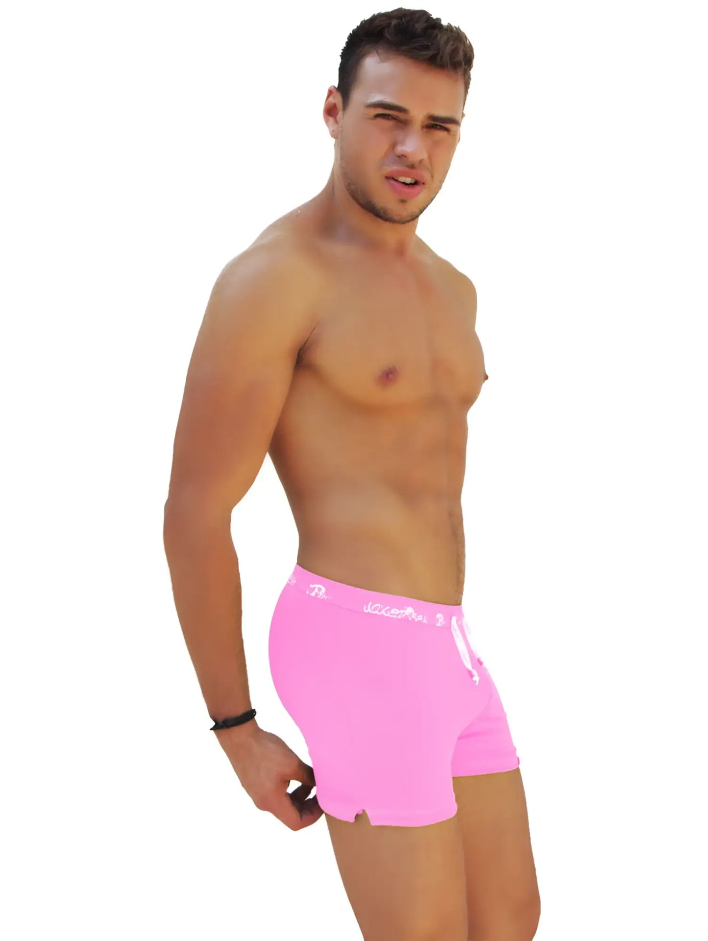 Icker sea side slit long boxer brief underwear pink with a white drawstring and brand logo on the waistband
