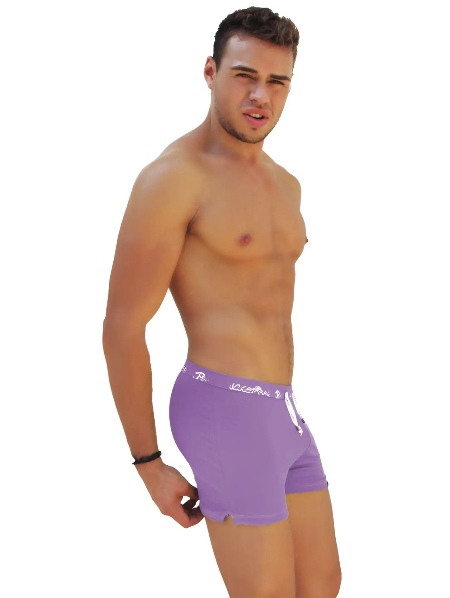 Purple icker sea side slit long boxer brief underwear with white logo and drawstring waistband for men