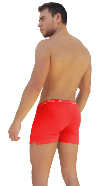 Red icker sea side slit long boxer brief underwear with white embroidered waistband featuring the brand name