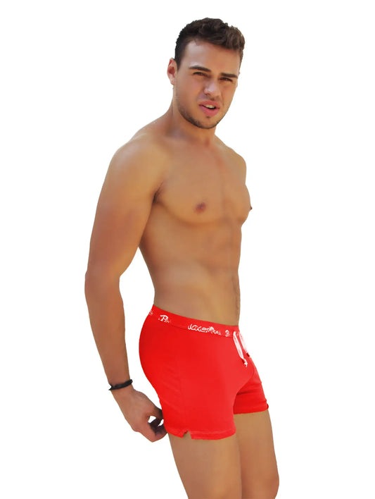 Red icker sea side slit long boxer brief underwear with white logo and drawstring for comfortable fit