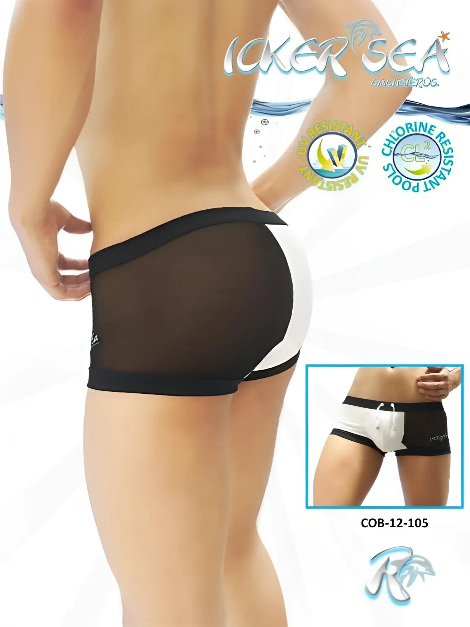 Black and white mesh swim trunks with solid black waistband featuring icker sea logo and transparent contrast trim