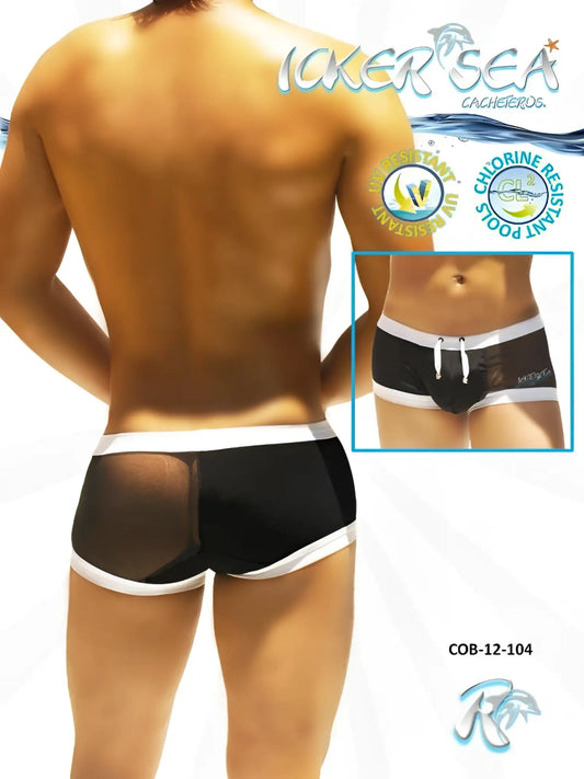 Black and white mesh swim trunks with drawstring waistband and icker sea logo for swimwear cob-12-104