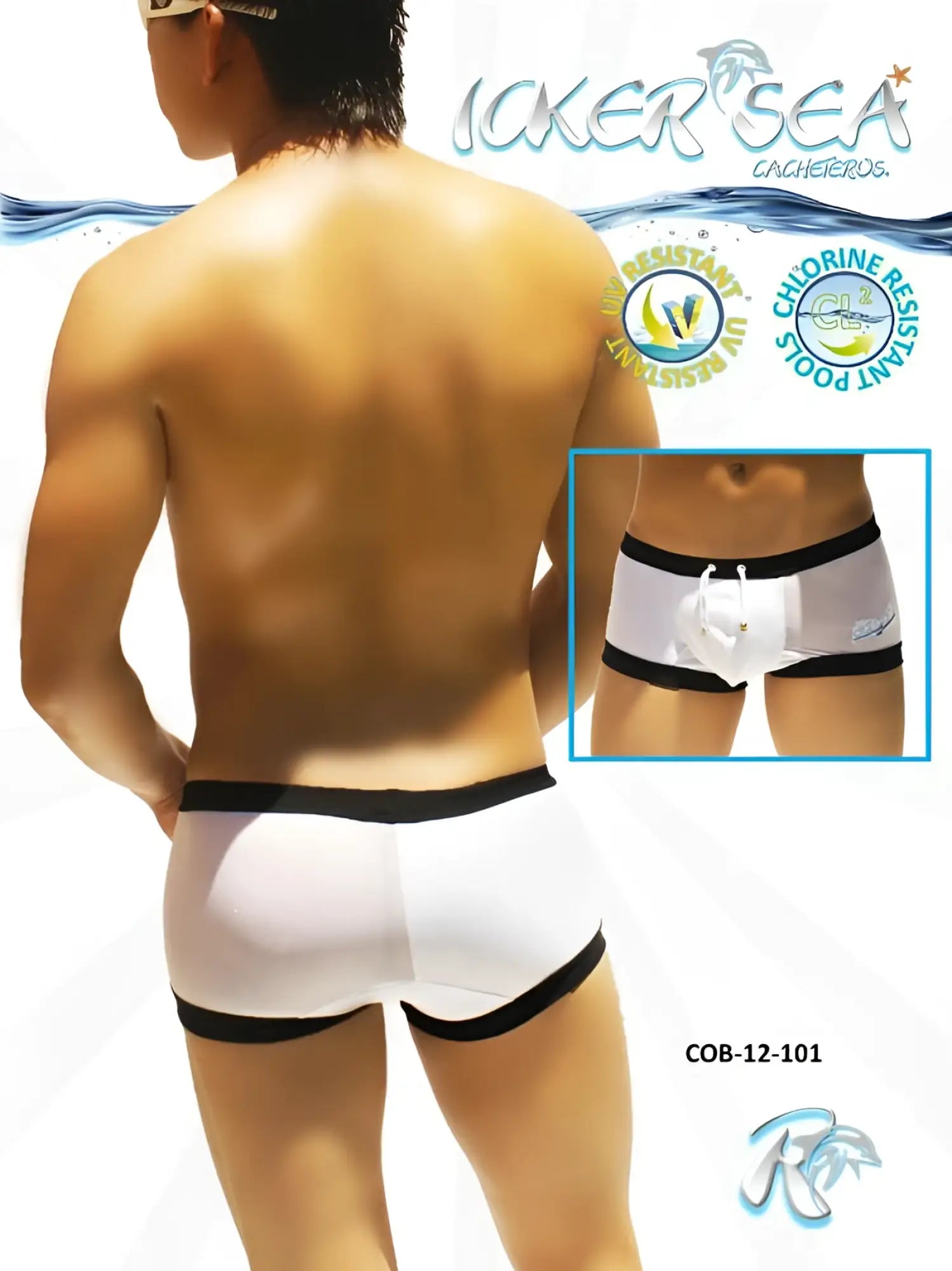 Icker Sea one side transparent square cut white swim trunks with black trim and drawstring waistband