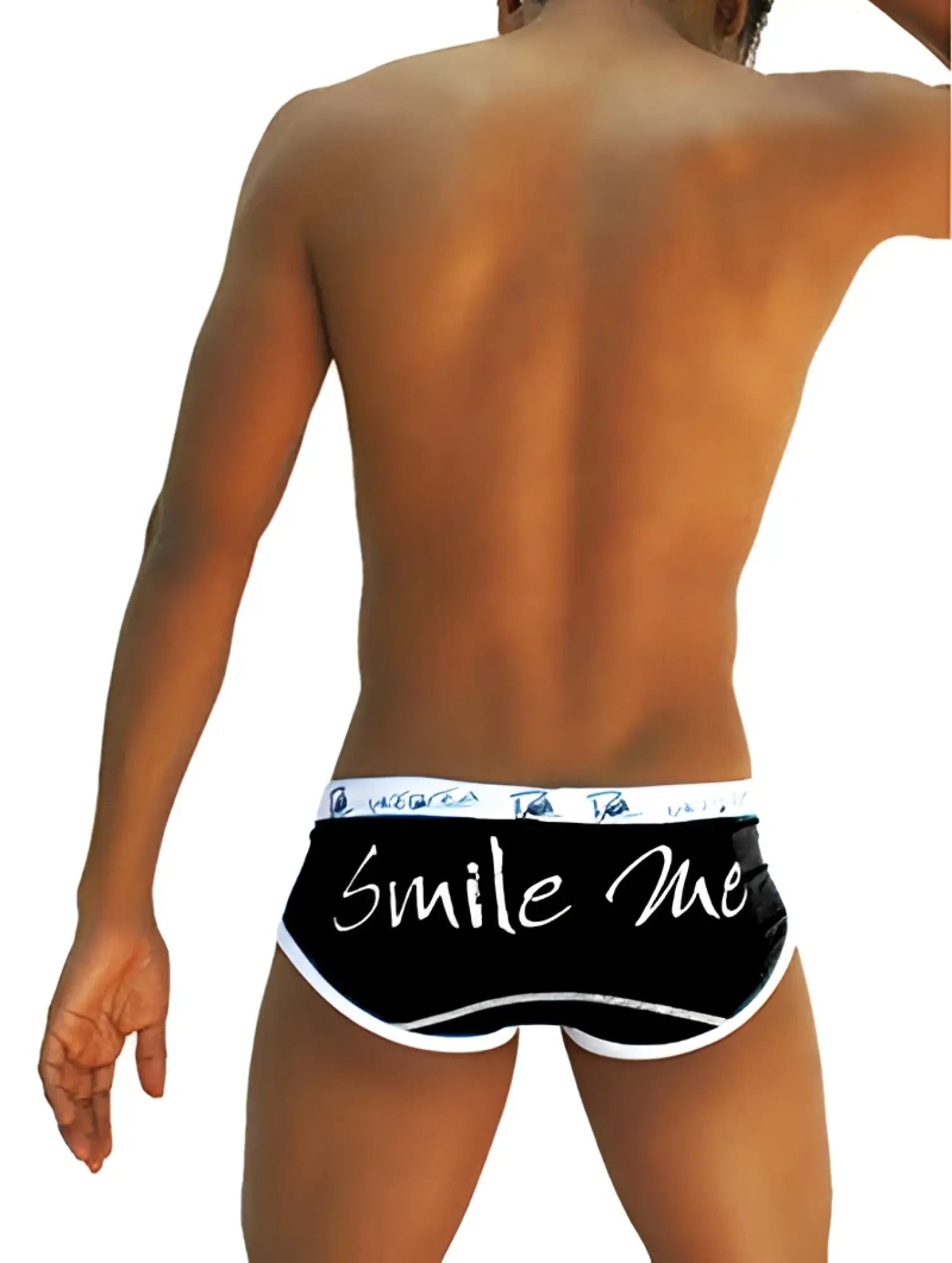 Black briefs with white trim and smile me cursive script front print by icker sea for comfortable everyday wear