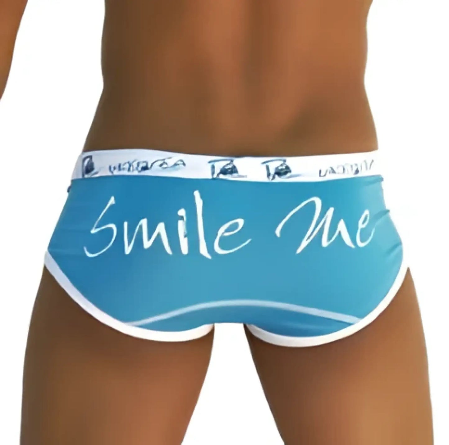 Icker Sea Smile Me brief underwear in light blue with white trim and cursive smile me design on front