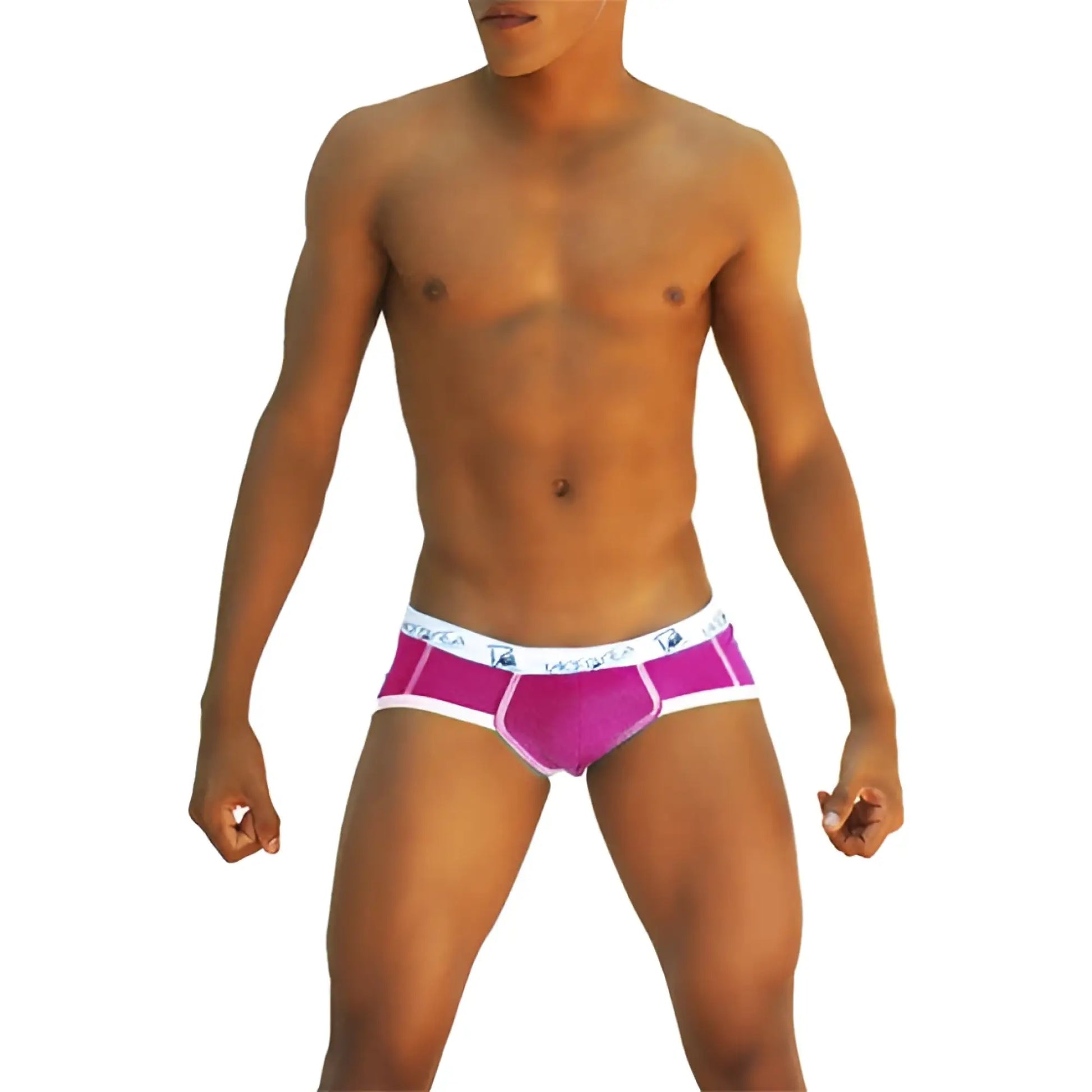 Bright pink fuchsia Icker Sea Smile Me brief underwear with white trim and subtle logo pattern on waistband