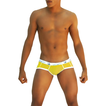 Bright yellow men’s briefs with white trim and subtle pattern featuring victoria waistband from icker sea smile me brief underwear mango COI-13-14