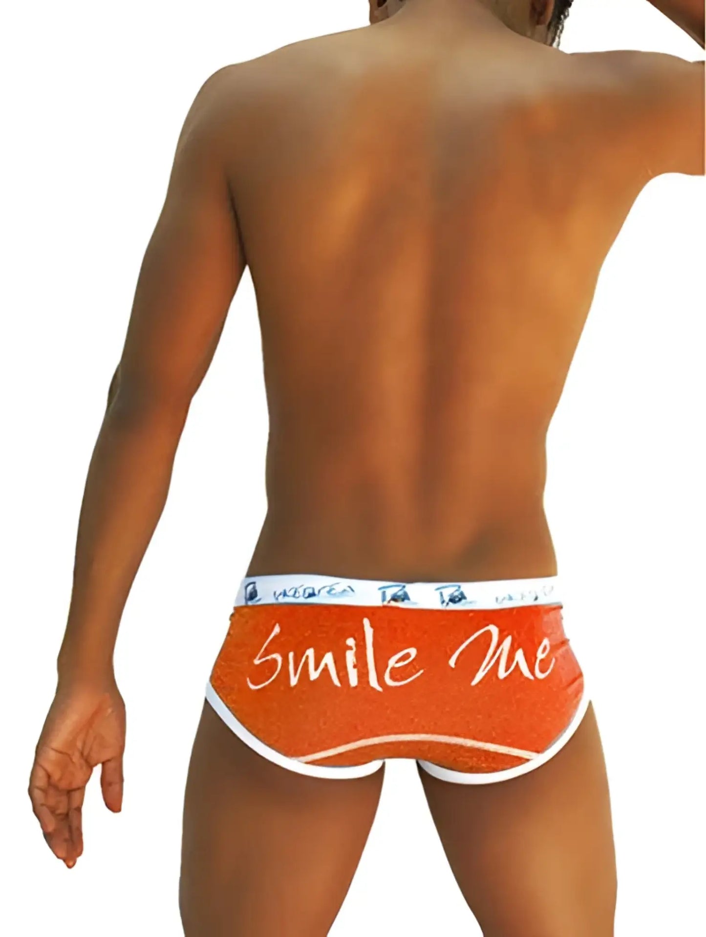 Orange briefs with white trim featuring smile me in cursive from icker sea smile me brief underwear COI-13-14