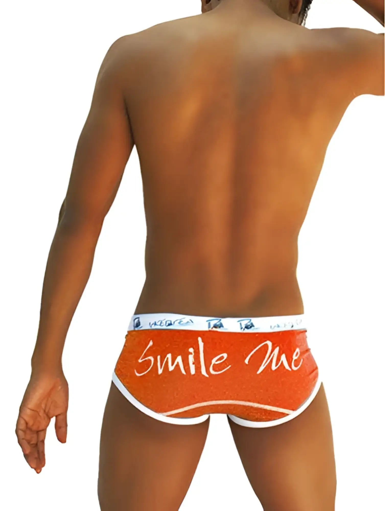 Orange briefs with white trim featuring smile me in cursive from icker sea smile me brief underwear COI-13-14