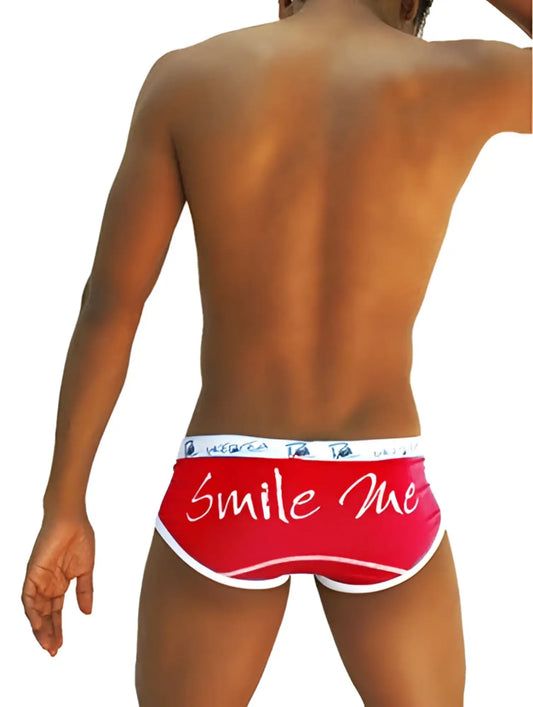 Red smile me briefs with white trim featuring a playful script design from Icker Sea COI-13-14 underwear collection