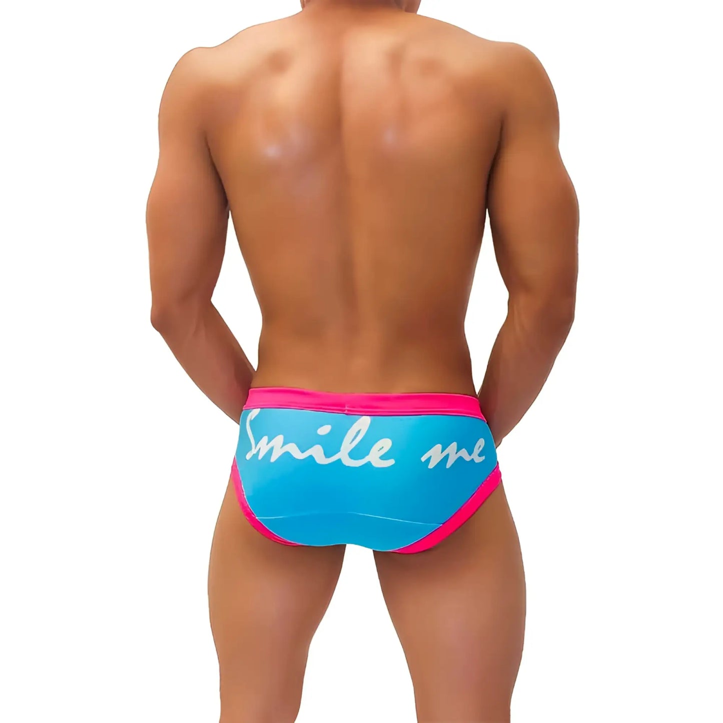 Bright blue icker sea smile me duotone brief underwear with bold pink trim and white cursive smile me script