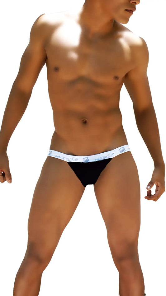 Black icker sea smile me microslip bikini underwear with white waistband and blue mercer logo