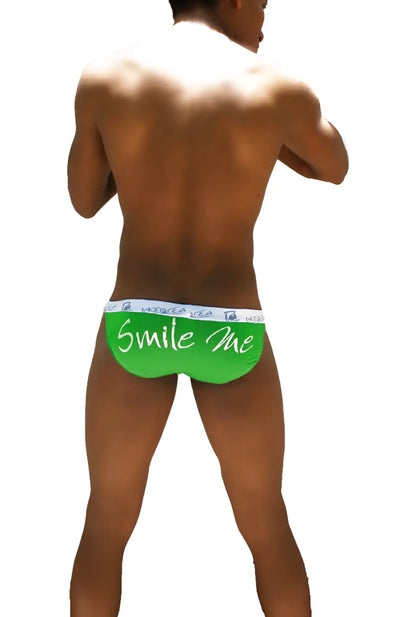 Bright green icker sea smile me microslip bikini underwear with white waistband and cursive smile me text