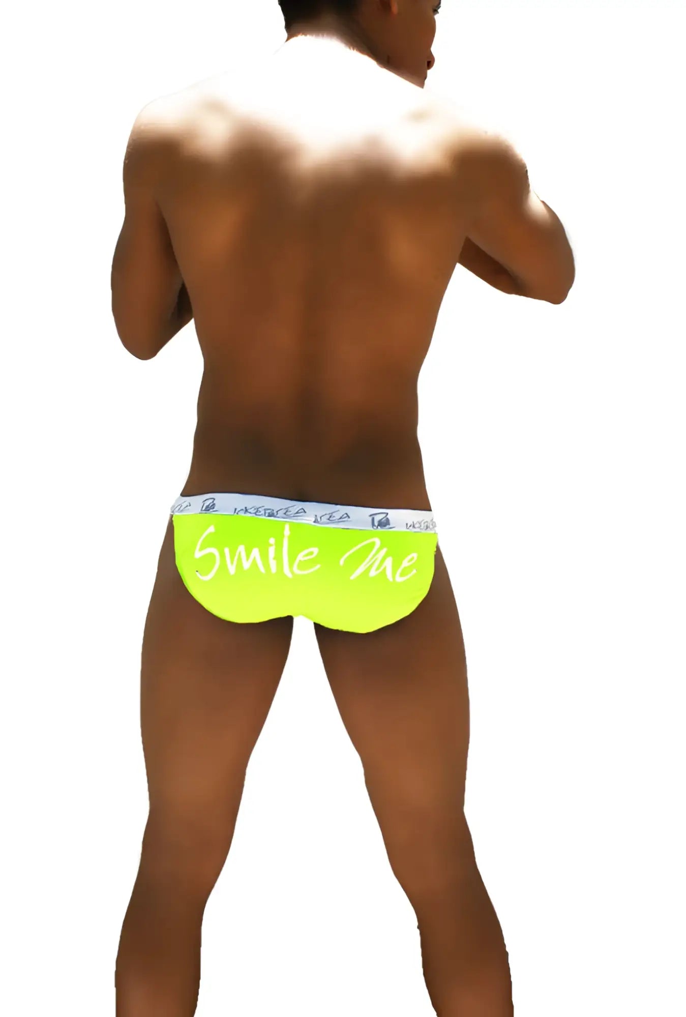 Icker sea smile me microslip bikini underwear in bright neon green with white smile me graphic and light blue waistband