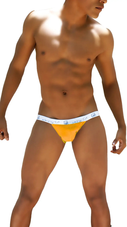 Bright yellow icker sea smile me microslip bikini underwear with white waistband and blue logo text in orange coi-16-32
