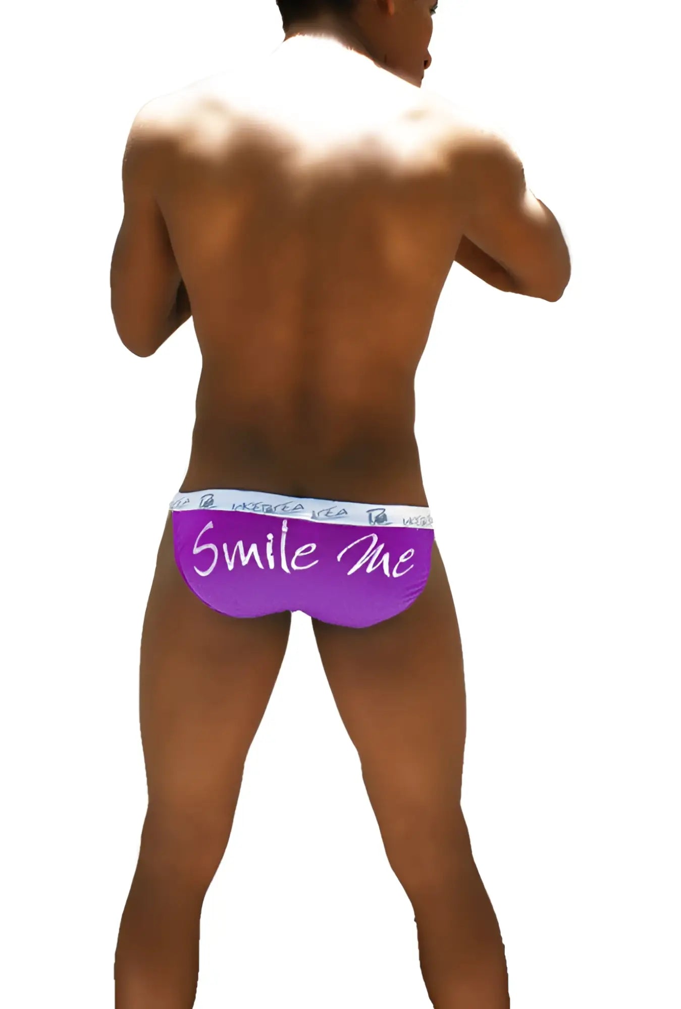Icker Sea purple microslip bikini underwear with white smile me text and a light blue waistband in COI-16-25 design