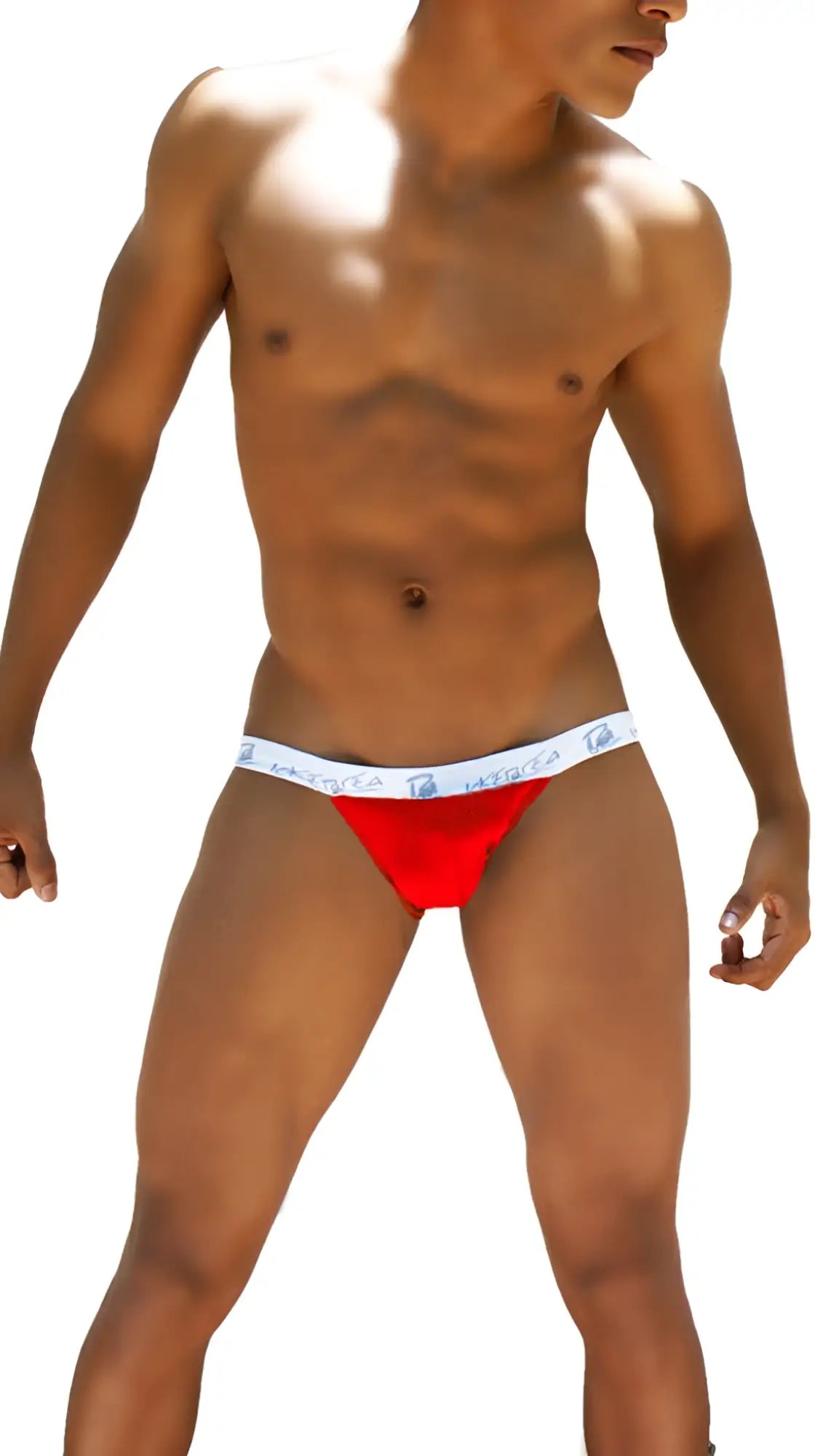 Red icker sea smile me microslip bikini underwear with white waistband and blue text and logos