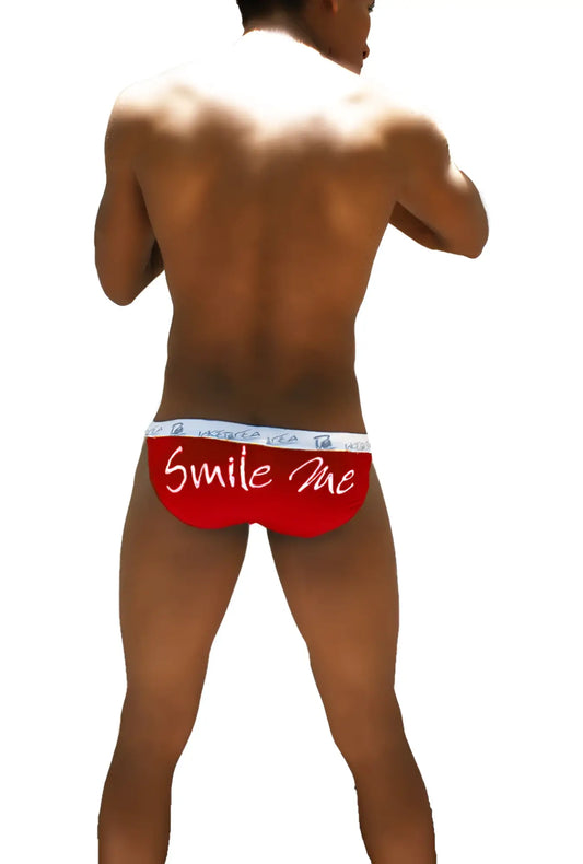 Red briefs with white trim and smile me cursive script front in icker sea smile me microslip bikini underwear red