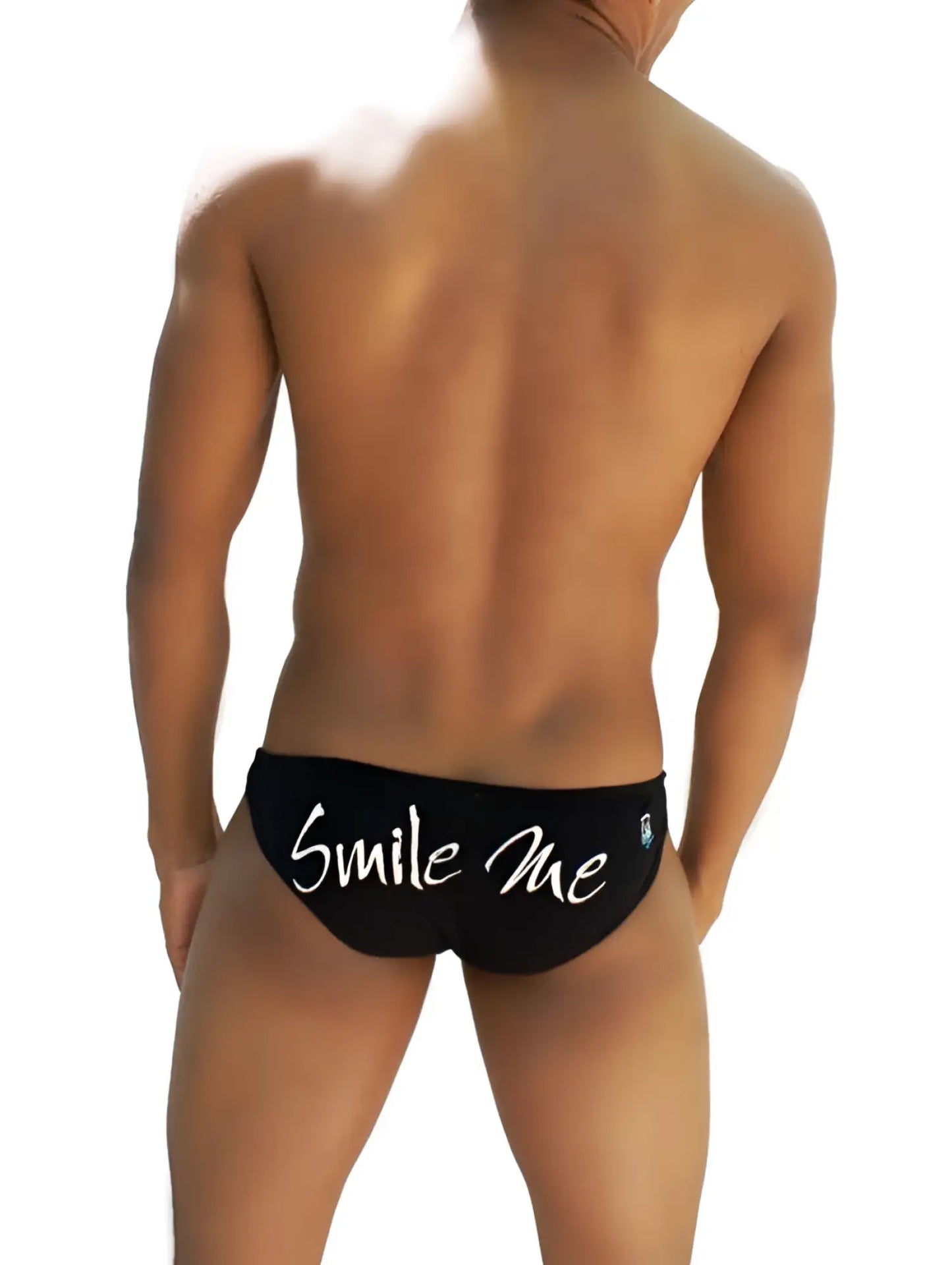 Black icker sea smile me slip bikini underwear showing back with white smile me text on swim trunks