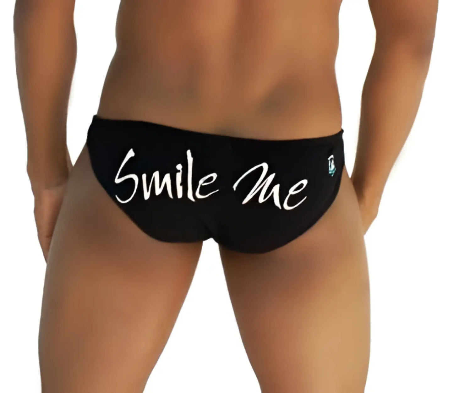 Black icker sea smile me slip bikini underwear showing back with white smile me cursive script on swim trunks