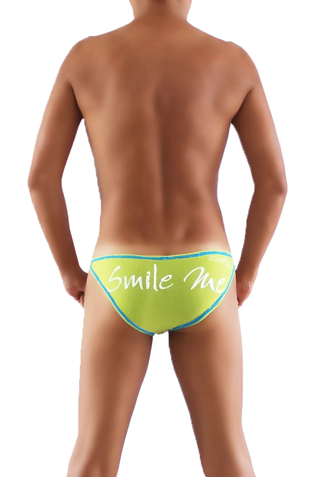 Back side of bright lime green icker sea smile me slip bikini underwear with teal trim and white cursive script